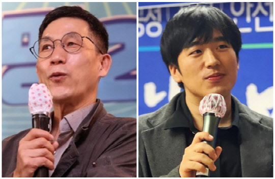 진중권(왼쪽) 전 동양대학교 교수와 황희두 민주연구원 이사. 연합뉴스